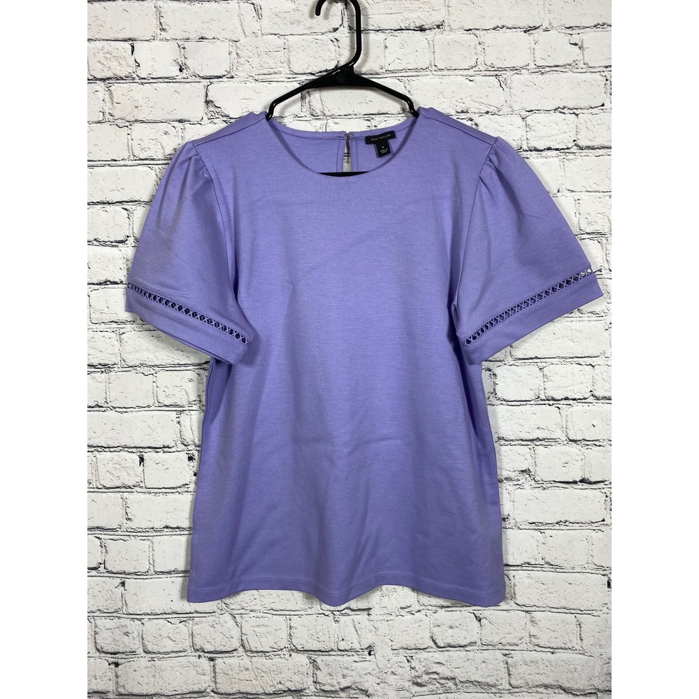 Ann Taylor Top Womens M Purple Puff Sleeve Lattice Lace Blouse Excellent Stretch